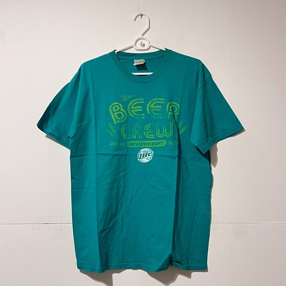 Vintage 00S Gildan Mens T-Shirt Size L Green Miller Light Heavyweight Preshrunk